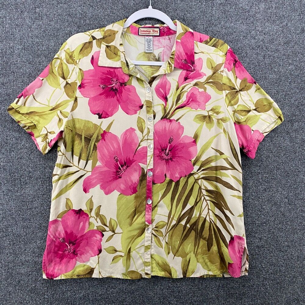 Jamaica Bay Shirt Womens L Silk Blend Floral Button Up Boxy Hawaiian Vacation